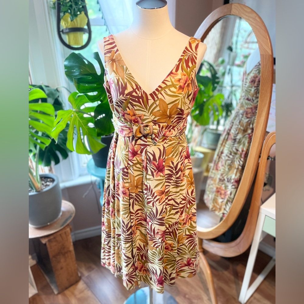 Vintage Earthy Floral Print Sleeveless Liz Claiborne Fit & Flare Midi Dress Sz M